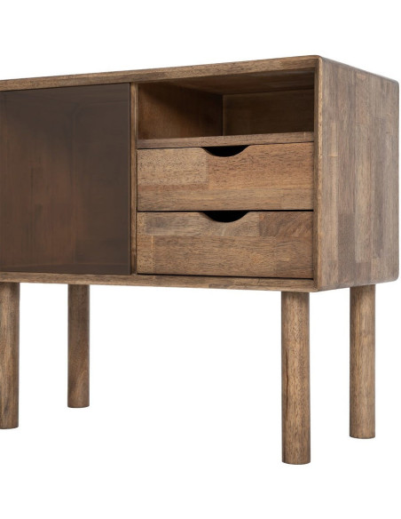 Buffet vitrine style mid-century moderne Bas 1 porte 2 tiroirs 1 niche Bois d'hévéa Marron Verre trempé Ambre Amy 