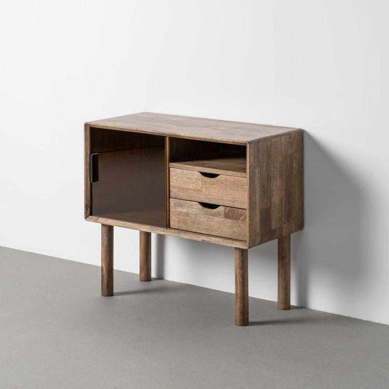 Buffet vitrine style mid-century moderne Bas 1 porte 2 tiroirs 1 niche Bois d'hévéa Marron Verre trempé Ambre Amy 