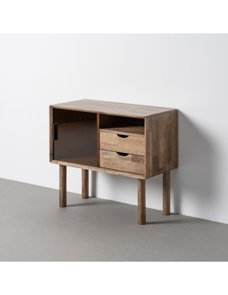 Buffet vitrine style mid-century moderne Bas 1 porte 2 tiroirs 1 niche Bois d'hévéa Marron Verre trempé Ambre Amy 