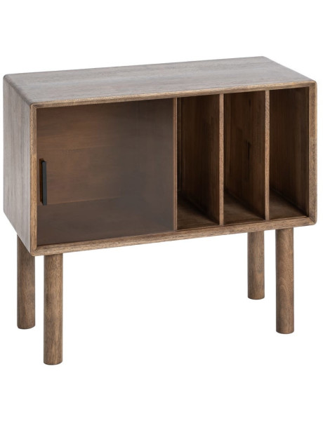 Buffet vitrine style mid-century moderne Bas 1 porte 3 niches Bois d'hévéa Marron Verre trempé Ambre Amy 