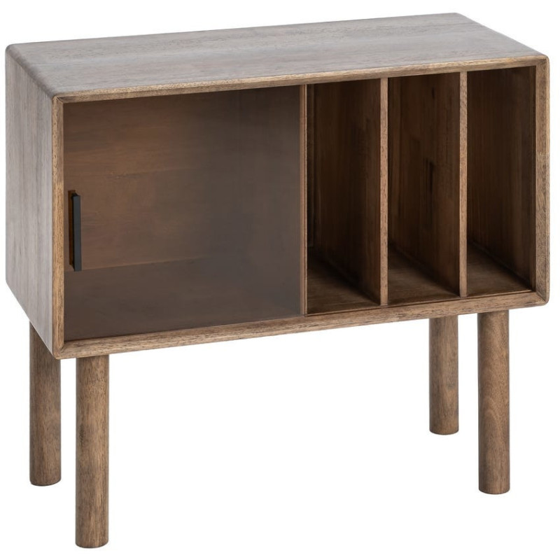 Buffet vitrine style mid-century moderne Bas 1 porte 3 niches Bois d'hévéa Marron Verre trempé Ambre Amy 