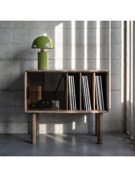 Buffet vitrine style mid-century moderne Bas 1 porte 3 niches Bois d'hévéa Marron Verre trempé Ambre Amy 