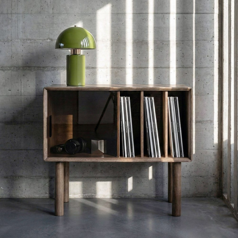 Buffet vitrine style mid-century moderne Bas 1 porte 3 niches Bois d'hévéa Marron Verre trempé Ambre Amy 
