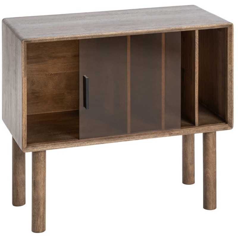 Buffet vitrine style mid-century moderne Bas 1 porte 3 niches Bois d'hévéa Marron Verre trempé Ambre Amy 