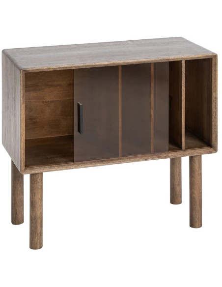 Buffet vitrine style mid-century moderne Bas 1 porte 3 niches Bois d'hévéa Marron Verre trempé Ambre Amy 