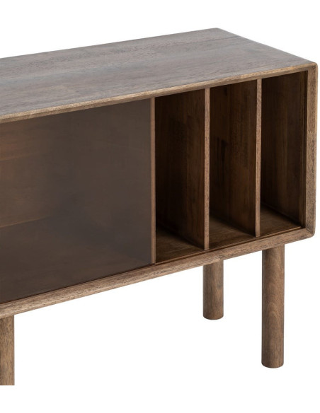 Buffet vitrine style mid-century moderne Bas 1 porte 3 niches Bois d'hévéa Marron Verre trempé Ambre Amy 