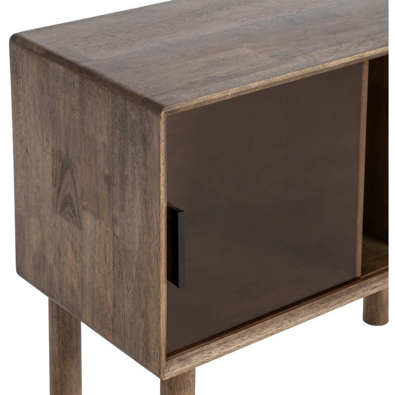 Buffet vitrine style mid-century moderne Bas 1 porte 3 niches Bois d'hévéa Marron Verre trempé Ambre Amy 