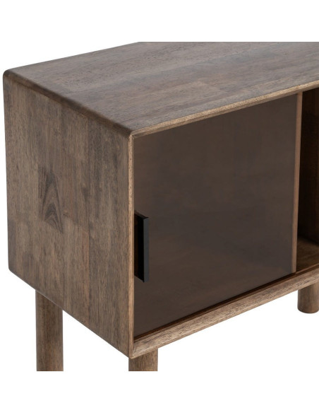 Buffet vitrine style mid-century moderne Bas 1 porte 3 niches Bois d'hévéa Marron Verre trempé Ambre Amy 