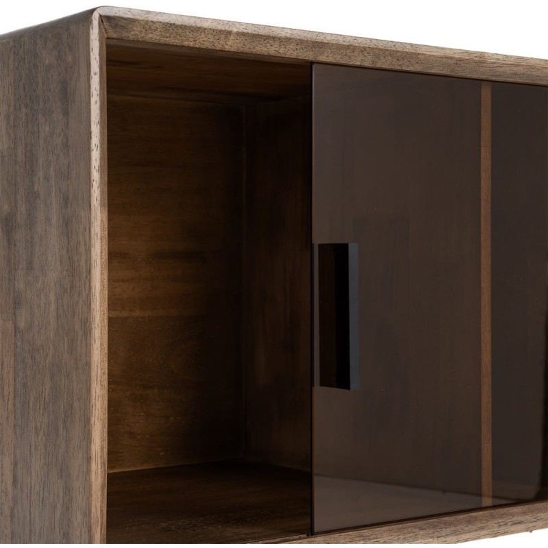 Buffet vitrine style mid-century moderne Bas 1 porte 3 niches Bois d'hévéa Marron Verre trempé Ambre Amy 