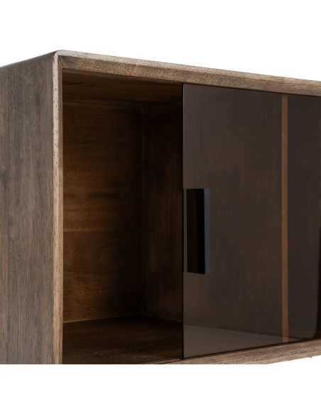 Buffet vitrine style mid-century moderne Bas 1 porte 3 niches Bois d'hévéa Marron Verre trempé Ambre Amy 