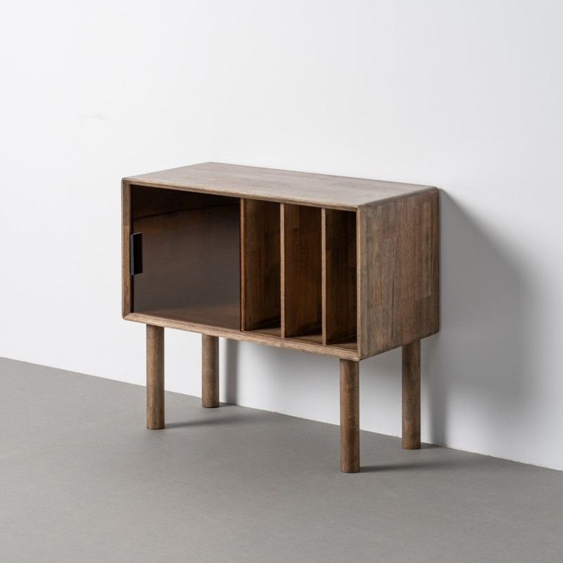 Buffet vitrine style mid-century moderne Bas 1 porte 3 niches Bois d'hévéa Marron Verre trempé Ambre Amy 