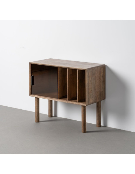 Buffet vitrine style mid-century moderne Bas 1 porte 3 niches Bois d'hévéa Marron Verre trempé Ambre Amy 