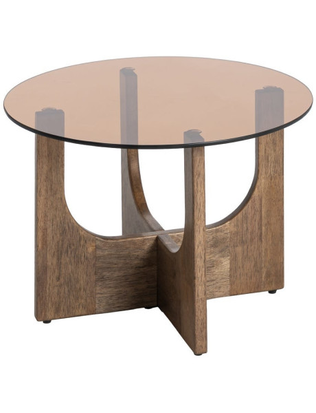 Table basse style mid-century moderne Ronde 60 cm Bois d'hévéa Marron Verre trempé Ambre Amy 