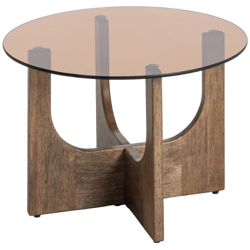Table basse style mid-century moderne Ronde 60 cm Bois d'hévéa Marron Verre trempé Ambre Amy 