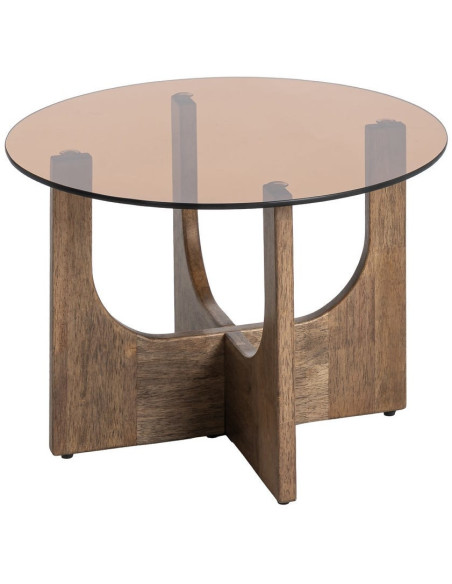 Table basse style mid-century moderne Ronde 60 cm Bois d'hévéa Marron Verre trempé Ambre Amy 