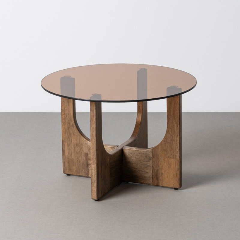 Table basse style mid-century moderne Ronde 60 cm Bois d'hévéa Marron Verre trempé Ambre Amy 