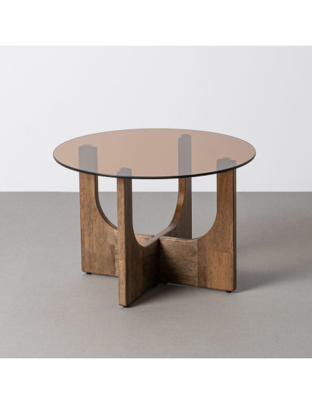 Table basse style mid-century moderne Ronde 60 cm Bois d'hévéa Marron Verre trempé Ambre Amy 