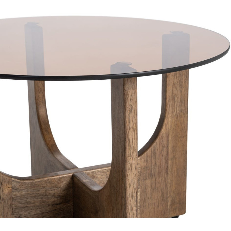 Table basse style mid-century moderne Ronde 60 cm Bois d'hévéa Marron Verre trempé Ambre Amy 