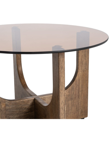 Table basse style mid-century moderne Ronde 60 cm Bois d'hévéa Marron Verre trempé Ambre Amy 