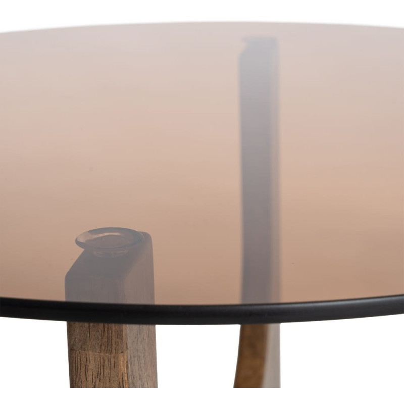 Table basse style mid-century moderne Ronde 60 cm Bois d'hévéa Marron Verre trempé Ambre Amy 