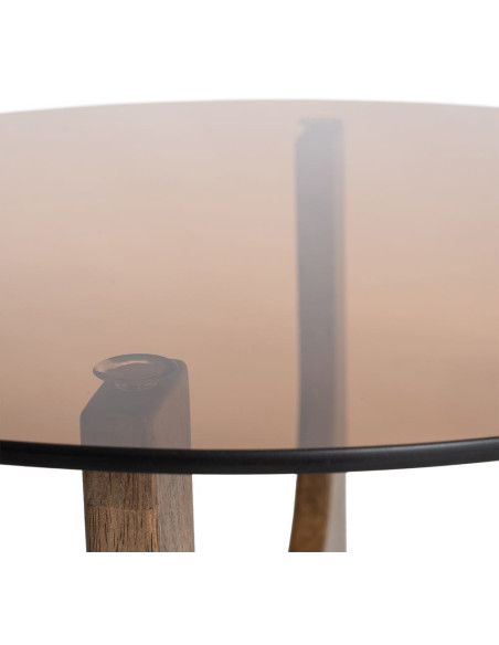 Table basse style mid-century moderne Ronde 60 cm Bois d'hévéa Marron Verre trempé Ambre Amy 