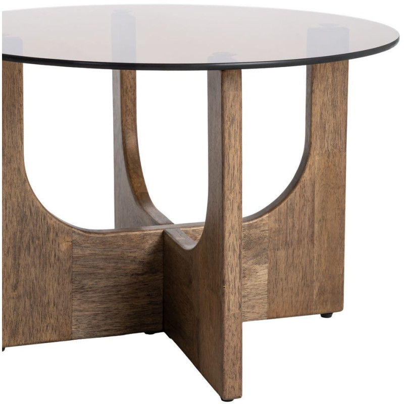 Table basse style mid-century moderne Ronde 60 cm Bois d'hévéa Marron Verre trempé Ambre Amy 