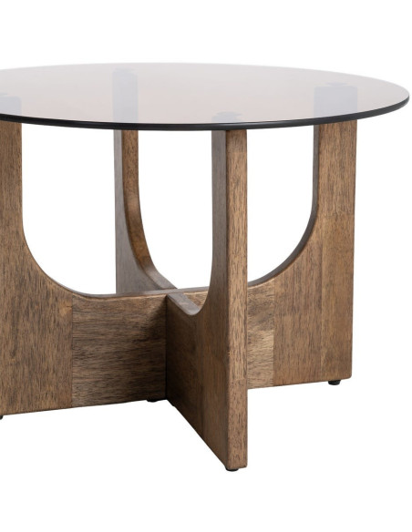 Table basse style mid-century moderne Ronde 60 cm Bois d'hévéa Marron Verre trempé Ambre Amy 