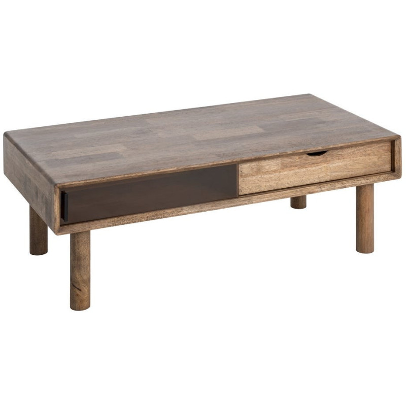 Table basse style mid-century moderne Rectangulaire 1 porte 1 tiroir Bois d'hévéa Marron Verre trempé Ambre Amy 