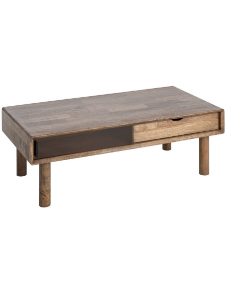 Table basse style mid-century moderne Rectangulaire 1 porte 1 tiroir Bois d'hévéa Marron Verre trempé Ambre Amy 