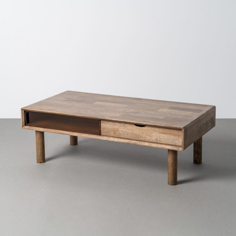 Table basse style mid-century moderne Rectangulaire 1 porte 1 tiroir Bois d'hévéa Marron Verre trempé Ambre Amy 