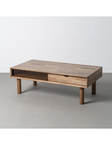 Table basse style mid-century moderne Rectangulaire 1 porte 1 tiroir Bois d'hévéa Marron Verre trempé Ambre Amy 