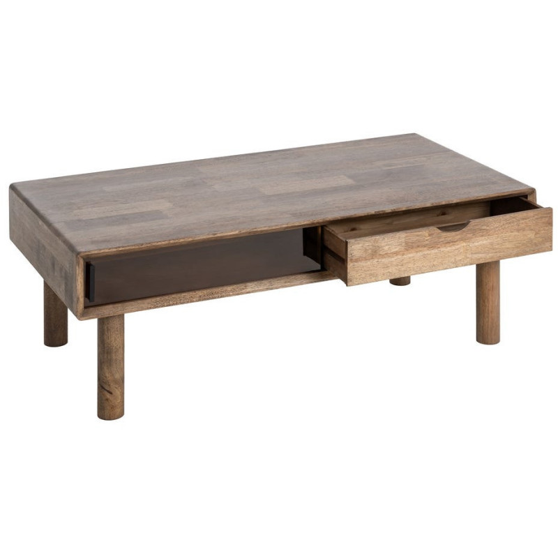 Table basse style mid-century moderne Rectangulaire 1 porte 1 tiroir Bois d'hévéa Marron Verre trempé Ambre Amy 
