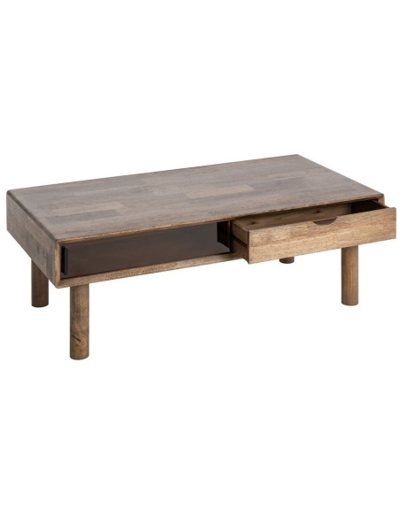 Table basse style mid-century moderne Rectangulaire 1 porte 1 tiroir Bois d'hévéa Marron Verre trempé Ambre Amy 