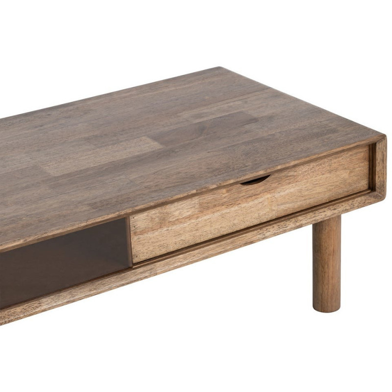 Table basse style mid-century moderne Rectangulaire 1 porte 1 tiroir Bois d'hévéa Marron Verre trempé Ambre Amy 