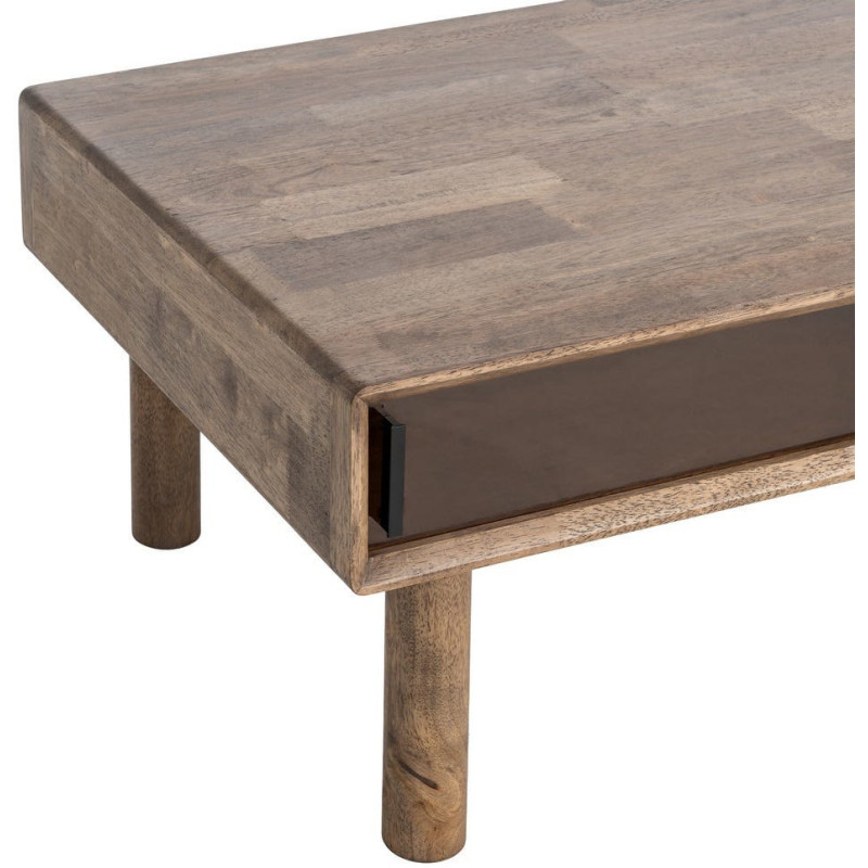 Table basse style mid-century moderne Rectangulaire 1 porte 1 tiroir Bois d'hévéa Marron Verre trempé Ambre Amy 