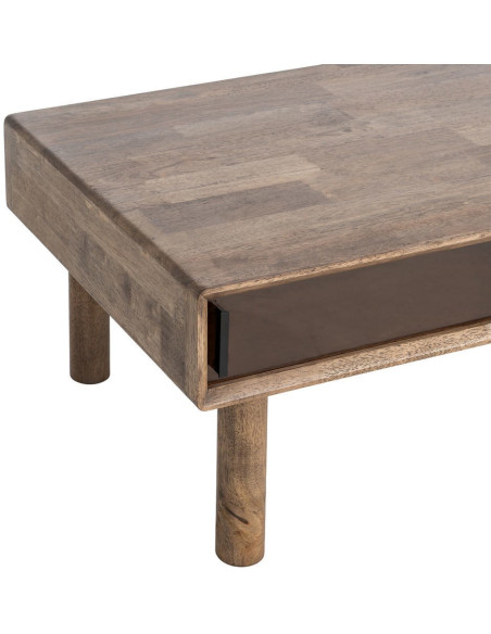 Table basse style mid-century moderne Rectangulaire 1 porte 1 tiroir Bois d'hévéa Marron Verre trempé Ambre Amy 