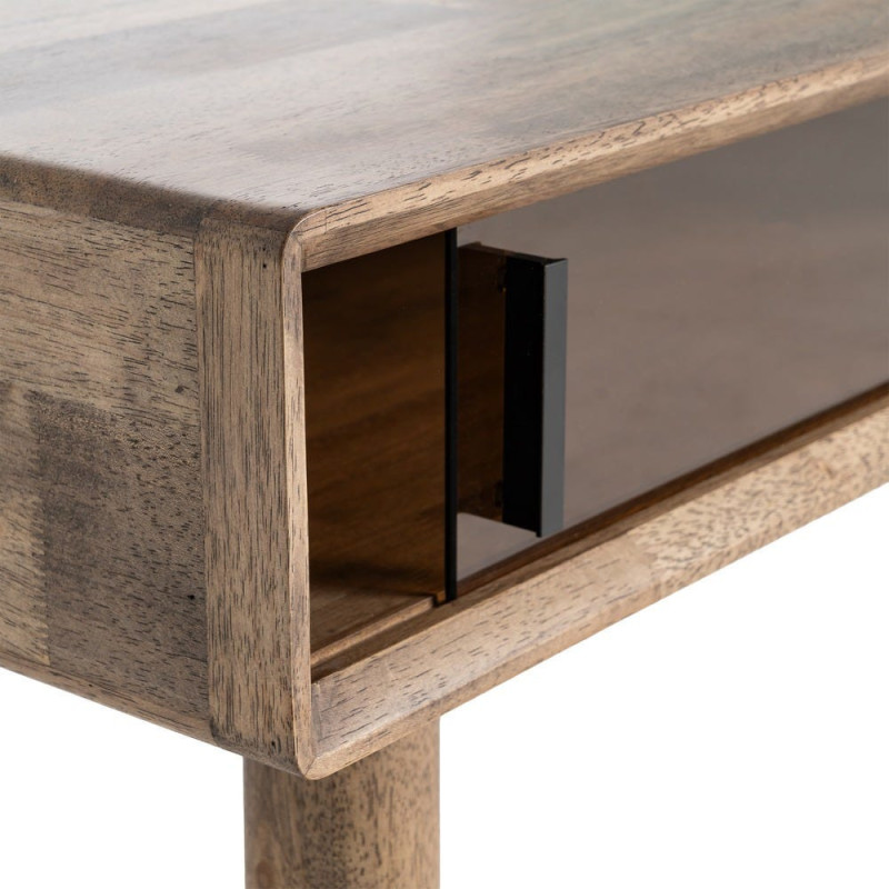 Table basse style mid-century moderne Rectangulaire 1 porte 1 tiroir Bois d'hévéa Marron Verre trempé Ambre Amy 