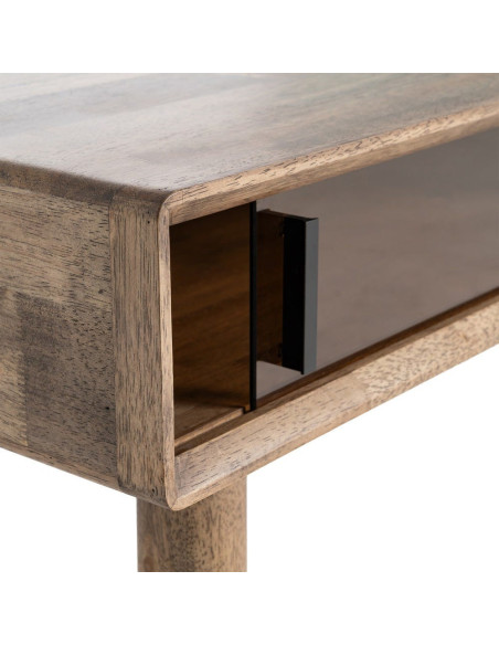 Table basse style mid-century moderne Rectangulaire 1 porte 1 tiroir Bois d'hévéa Marron Verre trempé Ambre Amy 
