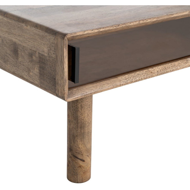 Table basse style mid-century moderne Rectangulaire 1 porte 1 tiroir Bois d'hévéa Marron Verre trempé Ambre Amy 