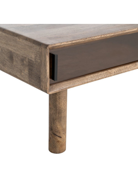 Table basse style mid-century moderne Rectangulaire 1 porte 1 tiroir Bois d'hévéa Marron Verre trempé Ambre Amy 