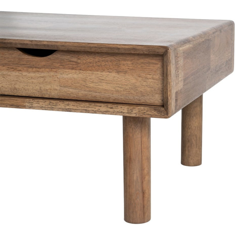 Table basse style mid-century moderne Rectangulaire 1 porte 1 tiroir Bois d'hévéa Marron Verre trempé Ambre Amy 