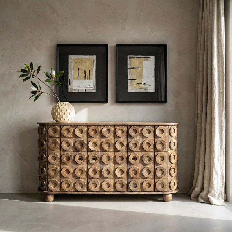 Grand Buffet design ethnique chic Bas 4 portes 147 cm Bois de manguier Marron Orbita 