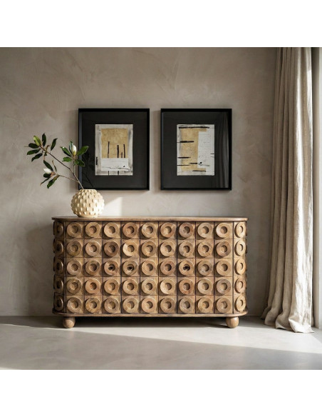 Grand Buffet design ethnique chic Bas 4 portes 147 cm Bois de manguier Marron Orbita 