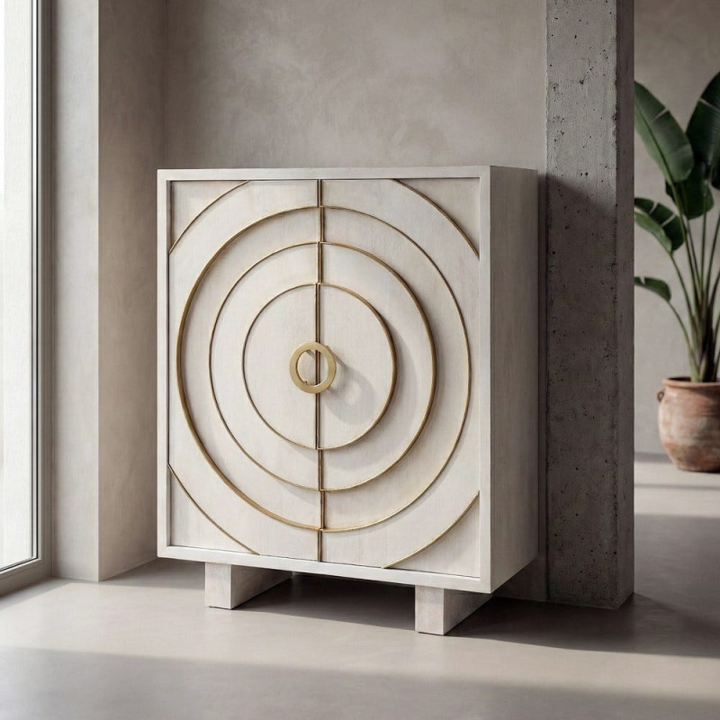 Buffet design chic Bas 2 portes Bois de manguier Blanc Métal Doré Orbélia 