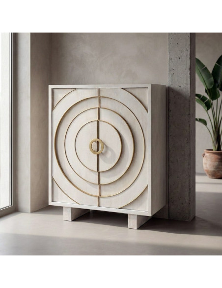 Buffet design chic Bas 2 portes Bois de manguier Blanc Métal Doré Orbélia 