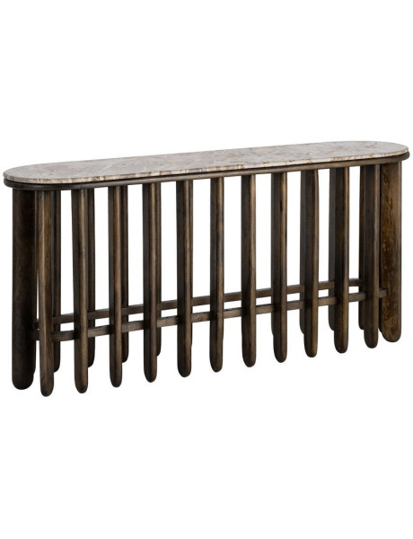 Grande Console design Ovale 160 cm Marbre Beige Bois de manguier Marron foncé Stravé 