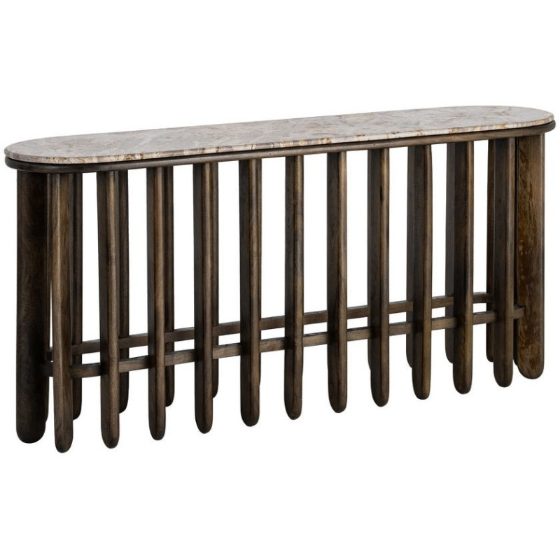 Grande Console design Ovale 160 cm Marbre Beige Bois de manguier Marron foncé Stravé 