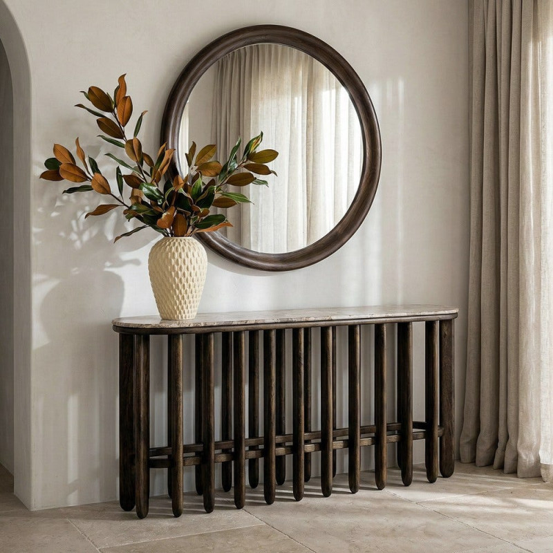 Grande Console design Ovale 160 cm Marbre Beige Bois de manguier Marron foncé Stravé 