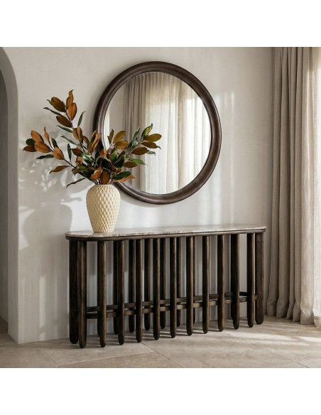 Grande Console design Ovale 160 cm Marbre Beige Bois de manguier Marron foncé Stravé 