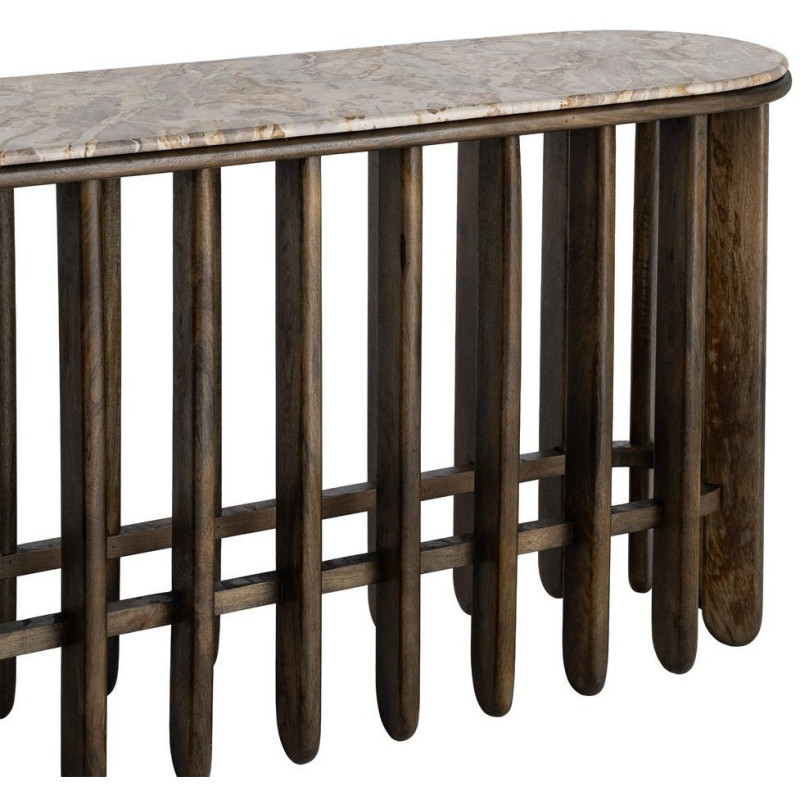 Grande Console design Ovale 160 cm Marbre Beige Bois de manguier Marron foncé Stravé 